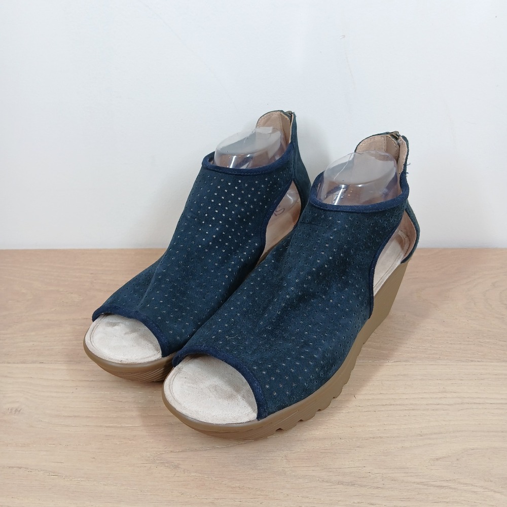 Skechers Wedge Sandals Women 10 Navy Suede Perforated Peep Toe Cutout Zipper